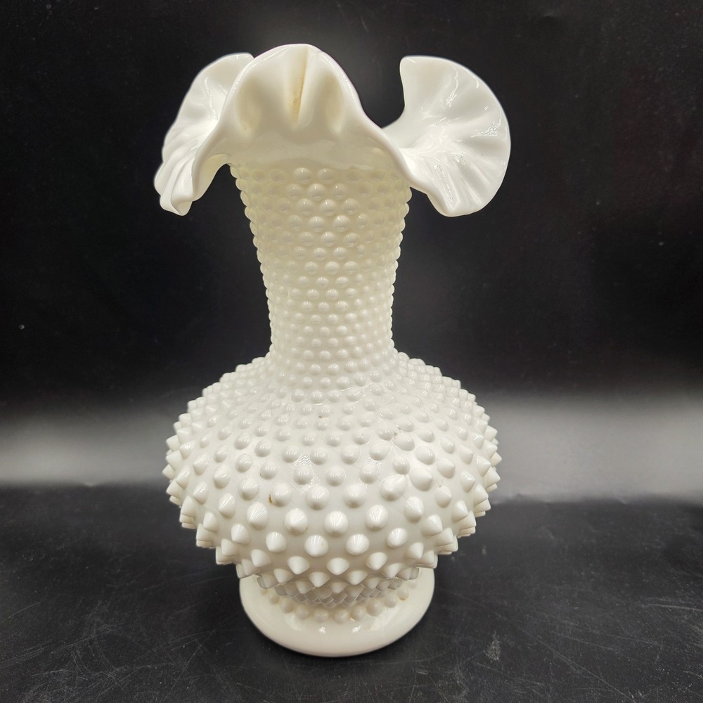 Vtg Lrge Fenton Hobnail White Milk Glass Vase Fluted Ruffled Rim 11" Grandmacore